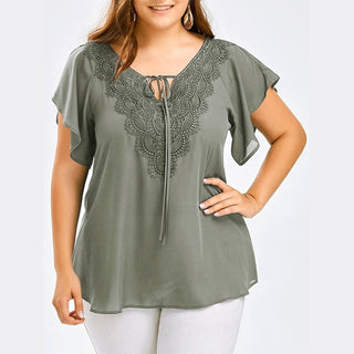 Buy gray-green Lace Patchwork Shirt Women's Tops and Blouses Short Sleeve