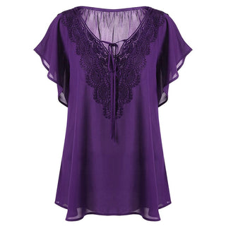 Buy purple Lace Patchwork Shirt Women's Tops and Blouses Short Sleeve