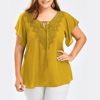 Buy yellow Lace Patchwork Shirt Women's Tops and Blouses Short Sleeve