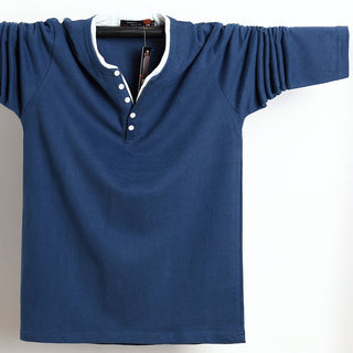 Buy blue 2022 Men T-Shirt Button Cotton Long Sleeve