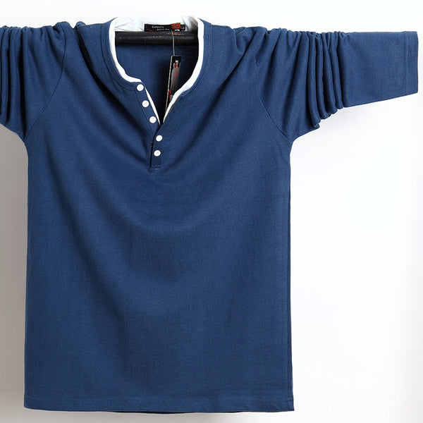 2022 Men T-Shirt Button Cotton Long Sleeve