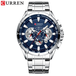 Buy silver-blue Sport Watches Men‘s Luxury Brand Quartz Clock Stainless Steel Chronograph Big Dial