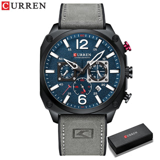Buy gray-blue-box Men Brown Quartz Wristwatches for Male Luminous Chronograph Dial Leather