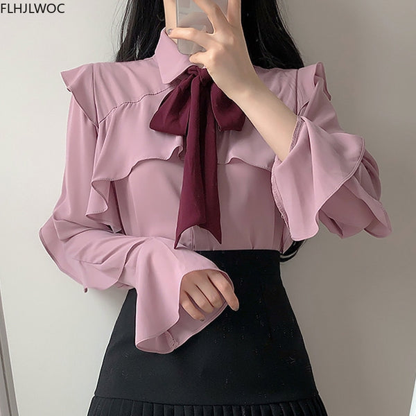 Ruffled Bow Tie Top Autumn Basic Wear Flare Sleeve Women Single Breasted Button Solid White Shirts Blouses