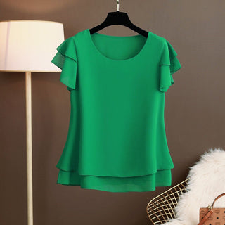 Buy green 2022 New womens tops Blouse Loose Shirt O-Neck Chiffon Short Sleeve