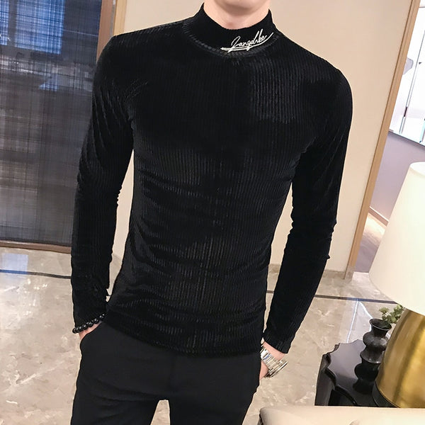 British Style Men T-Shirt New Knitted Long Sleeve Streetwear Slim Fit