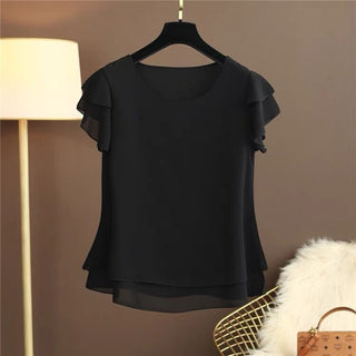 Buy black 2022 New womens tops Blouse Loose Shirt O-Neck Chiffon Short Sleeve