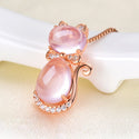 Rose Gold Color Cute Cat Synthetic Ross Quartz Pink Opal Necklace for Women