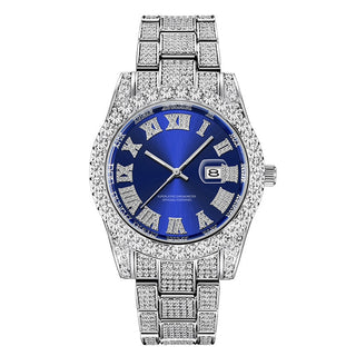 Buy silver-blue Men Full Iced Out Luxury Date Quartz Wrist Watches