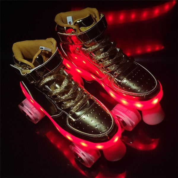 New Style Led Rechargeable 7 Colorful Luminous Double Row 4 Wheel Roller Skates.