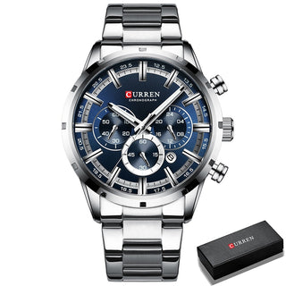 Buy silver-blue-box Men's Watches Full Steel Waterproof Chronographic