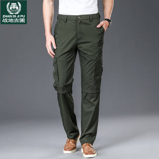 Buy army-green Men's Thin Trousers Loose Straight Multi-pockets