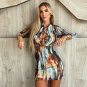 Women Printed Chest Lace-up Long-Sleeve  Dress