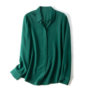 Buy green Women Silk Dress Shirts Solid Long Sleeved Button Chic Blouses
