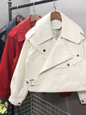 Women Faux Leather Jacket Biker Red White Coat Turndown Collar