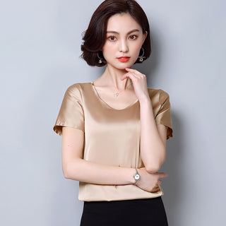 Buy khaki Womens tops and blouses 2022 shirts casual Silk O-neck sling top satin short sleeve stretch