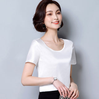 Buy white Womens tops and blouses 2022 shirts casual Silk O-neck sling top satin short sleeve stretch