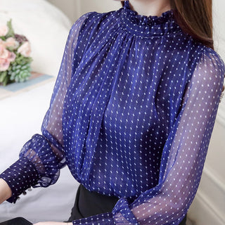 Buy navy 2021 summer woman top lace chiffon blouse women shirt long sleeve