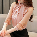 fashion womens tops and blouses 2022 solid bow stand collar