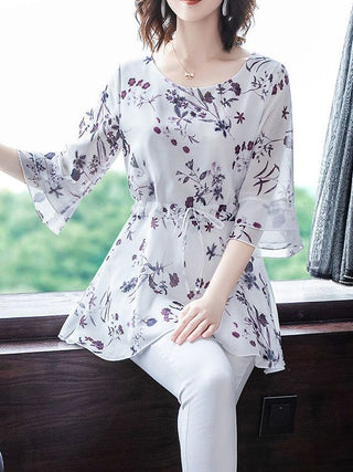 Buy 1 Women Spring Summer Style Chiffon Blouses Casual Short Sleeve O-Neck Solid Print