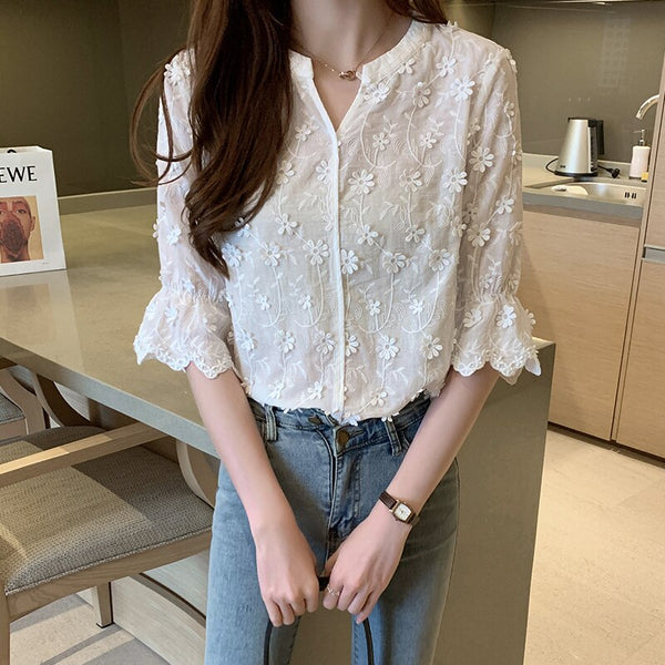 2022 New Floral Embroidered White Lace  Cotton Blouse