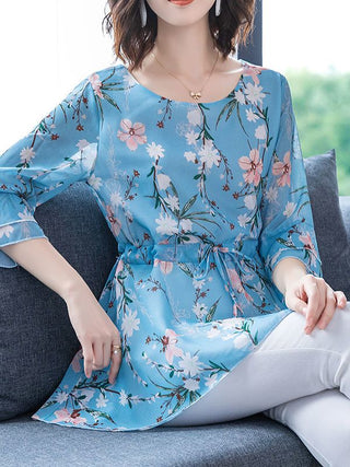 Buy 4 Women Spring Summer Style Chiffon Blouses Casual Short Sleeve O-Neck Solid Print