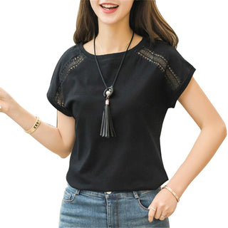 Buy blcak Loose Cotton Blouses 2022 Lace Female Batwing Sleeve
