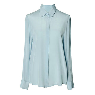 Buy sky-blue Women Silk Dress Shirts Solid Long Sleeved Button Chic Blouses