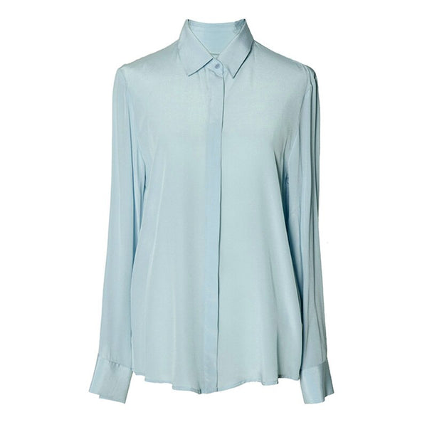 Women Silk Dress Shirts Solid Long Sleeved Button Chic Blouses