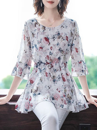 Buy 3 Women Spring Summer Style Chiffon Blouses Casual Short Sleeve O-Neck Solid Print