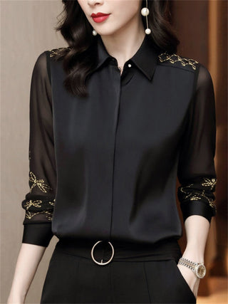 Buy black Women Spring Autumn Style Chiffon Blouses Shirts Embroidery Long Sleeve Turn-down Collar Lace Decor