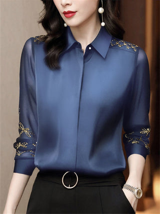 Buy blue Women Spring Autumn Style Chiffon Blouses Shirts Embroidery Long Sleeve Turn-down Collar Lace Decor