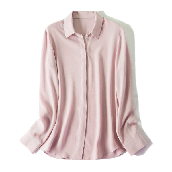 Women Silk Dress Shirts Solid Long Sleeved Button Chic Blouses