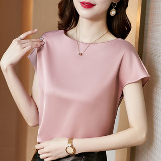 Buy pink Lady Tops Summer Short Sleeve Blouses Satin Blouse