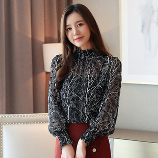 Buy black 2022 Women Chiffon Blouses Casual Stand Collar Floral