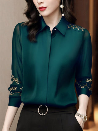 Buy green Women Spring Autumn Style Chiffon Blouses Shirts Embroidery Long Sleeve Turn-down Collar Lace Decor