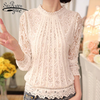 Spring Autumn New Long Sleeve Chiffon Lace Crochet Tops Blouses Women Clothing