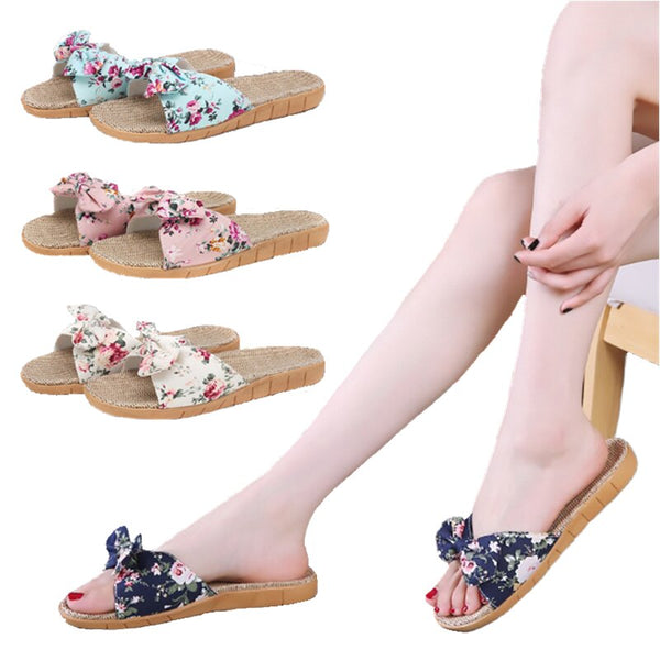 Women Flax Bohemian Floral Bow Sandals