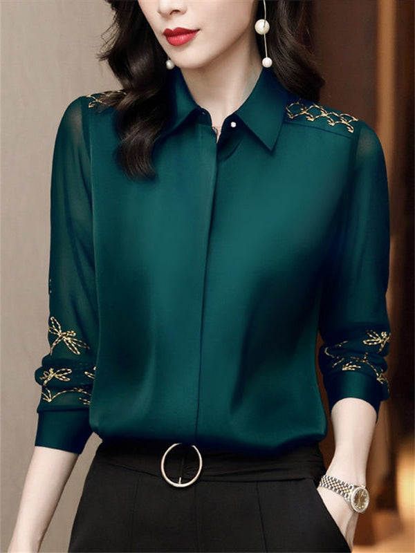 Women Spring Autumn Style Chiffon Blouses Shirts Embroidery Long Sleeve Turn-down Collar Lace Decor