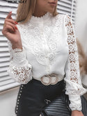 White Collared Lace Patchwork Hollow Out Button Up Womens Tops And Blouses 2022 Fashion New Blouse