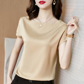 Buy apricot Lady Tops Summer Short Sleeve Blouses Satin Blouse