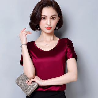Buy burgundy Womens tops and blouses 2022 shirts casual Silk O-neck sling top satin short sleeve stretch