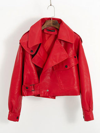 Buy red Women Faux Leather Jacket Biker Red White Coat Turndown Collar