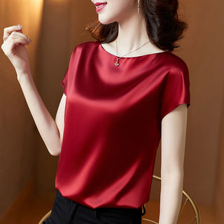 Buy cherry-red Lady Tops Summer Short Sleeve Blouses Satin Blouse