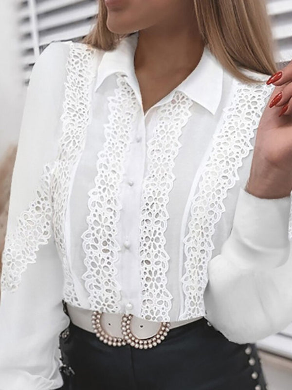 White Collared Lace Patchwork Hollow Out Button Up Womens Tops And Blouses 2022 Fashion New Blouse