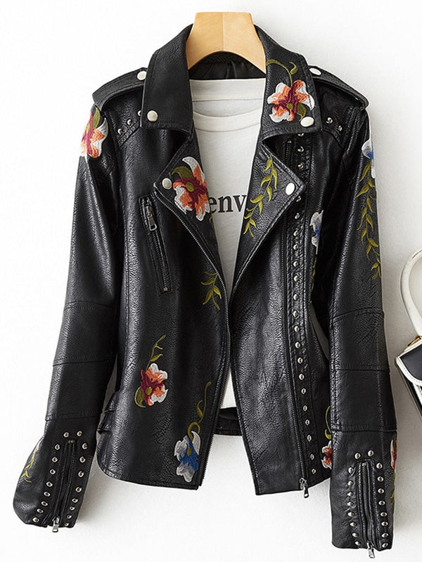 New Women Retro Floral Print Embroidery Faux Soft Leather Coat