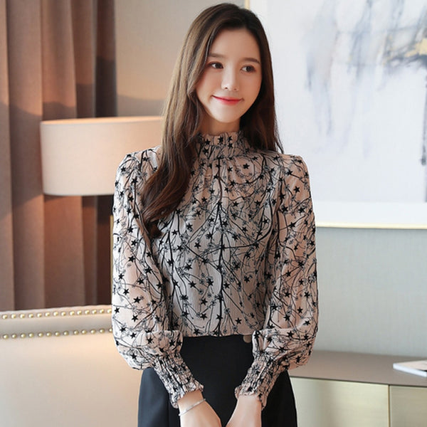 2022 Women Chiffon Blouses Casual Stand Collar Floral