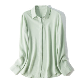 Buy light-green Women Silk Dress Shirts Solid Long Sleeved Button Chic Blouses