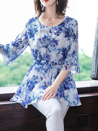 Buy 2 Women Spring Summer Style Chiffon Blouses Casual Short Sleeve O-Neck Solid Print