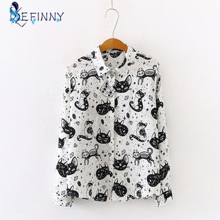 Buy white Women Shirt Cat Pattern Printed Personality Tops and Blouses Fashion
